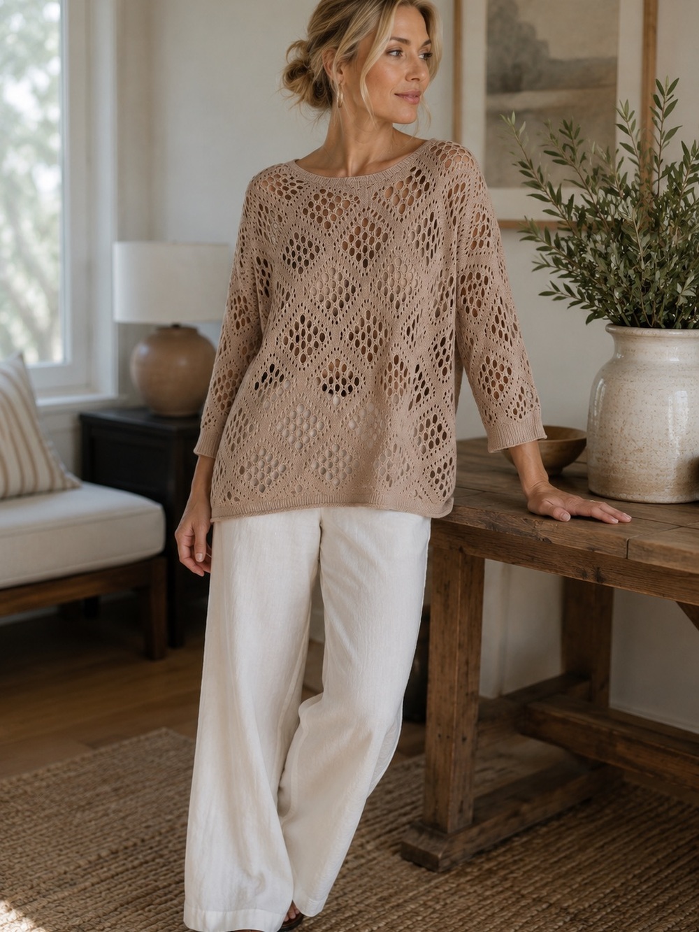 Open Knit Taupe Sweater Top